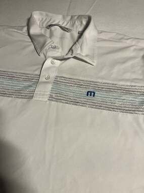 Travis Mathew Mens XXL White Golf Polo Shirt Blue Gray Striped Chest Logo